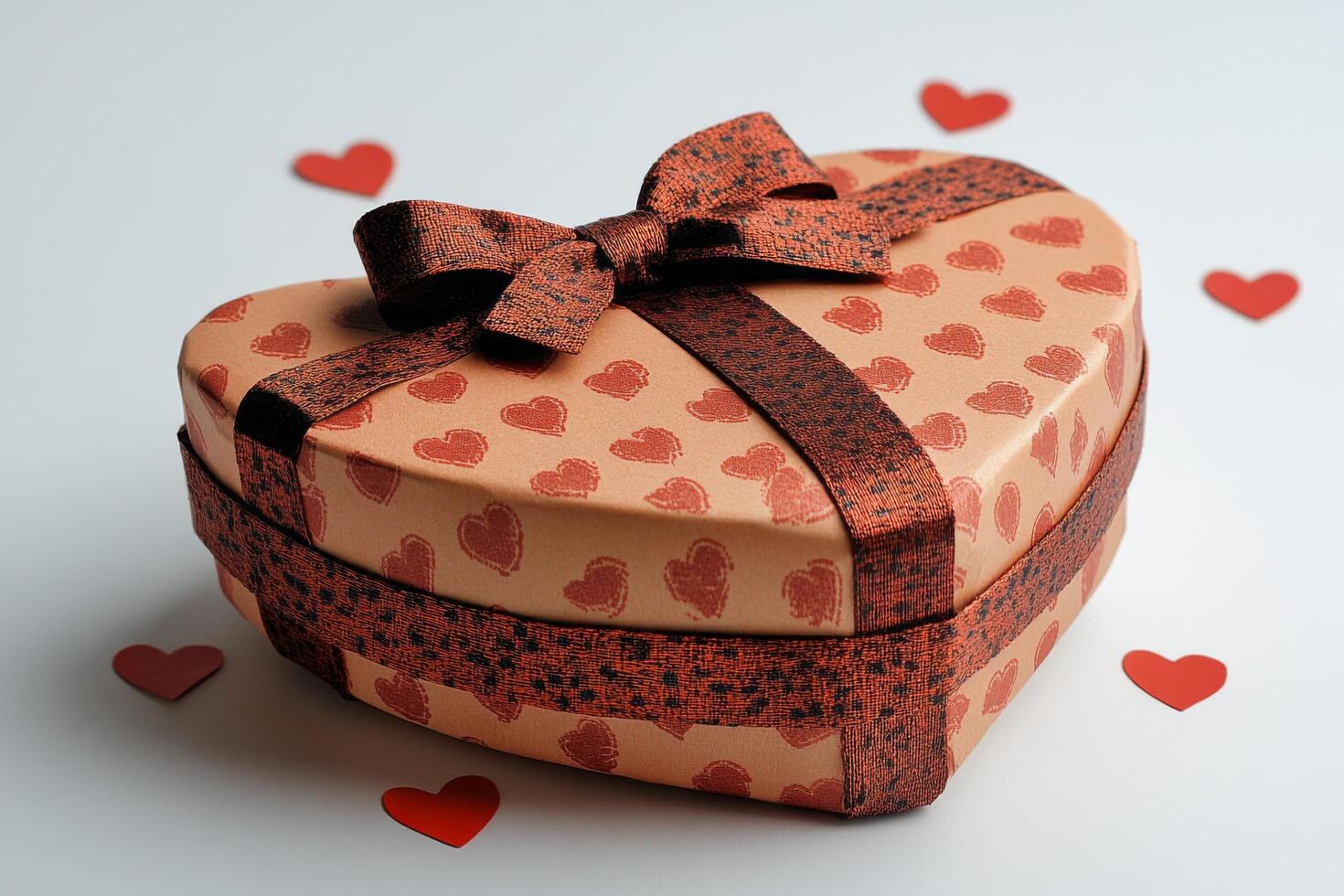 Decorative heart shaped gift box with ribbon and small heart accents on a light background photo