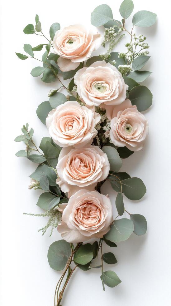 Elegant arrangement of soft peach and white roses with greenery for a spring celebration photo