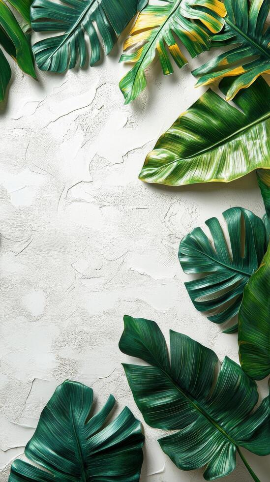 Lush green tropical leaves arranged neatly on a light background in a modern setting photo