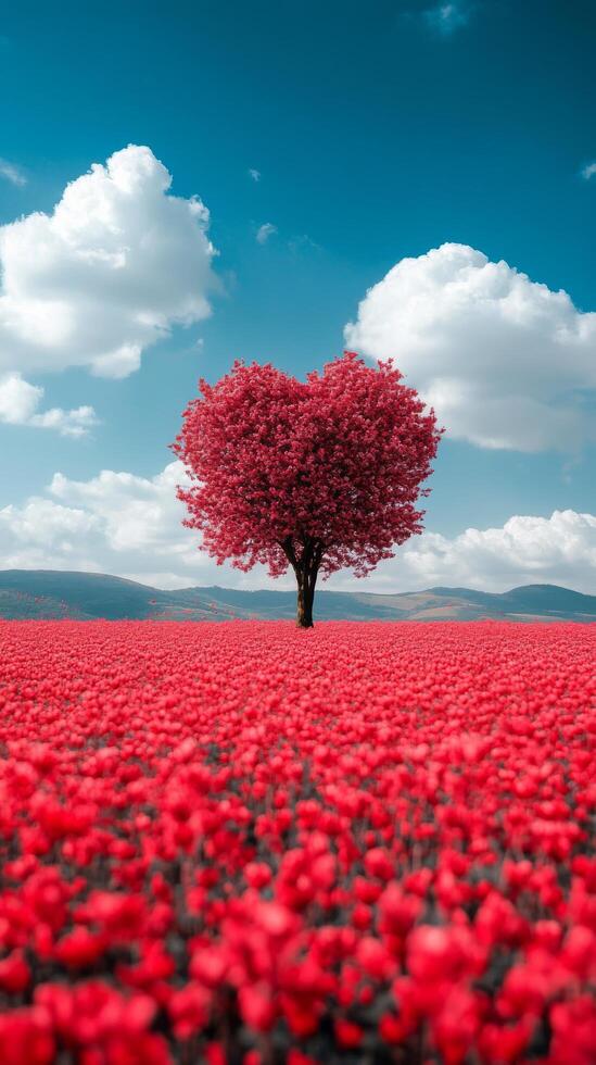 A vibrant heart shaped tree standing tall in a field of red flowers at sunset photo