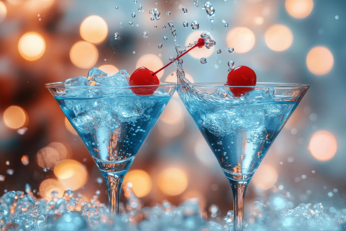 Refreshing blue cocktails with cherries served against a blurred festive backdrop at a party photo