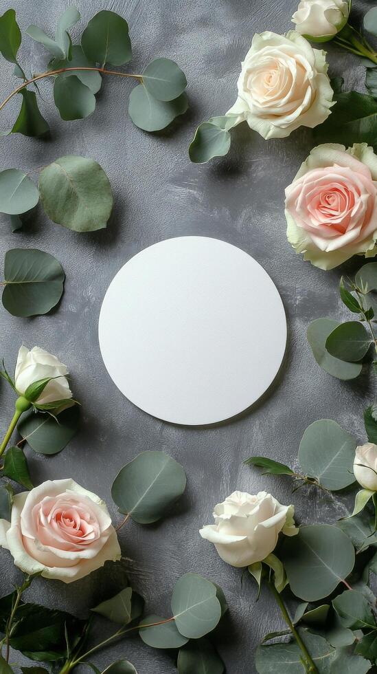 A circular arrangement of pastel roses and eucalyptus leaves on a textured gray surface photo