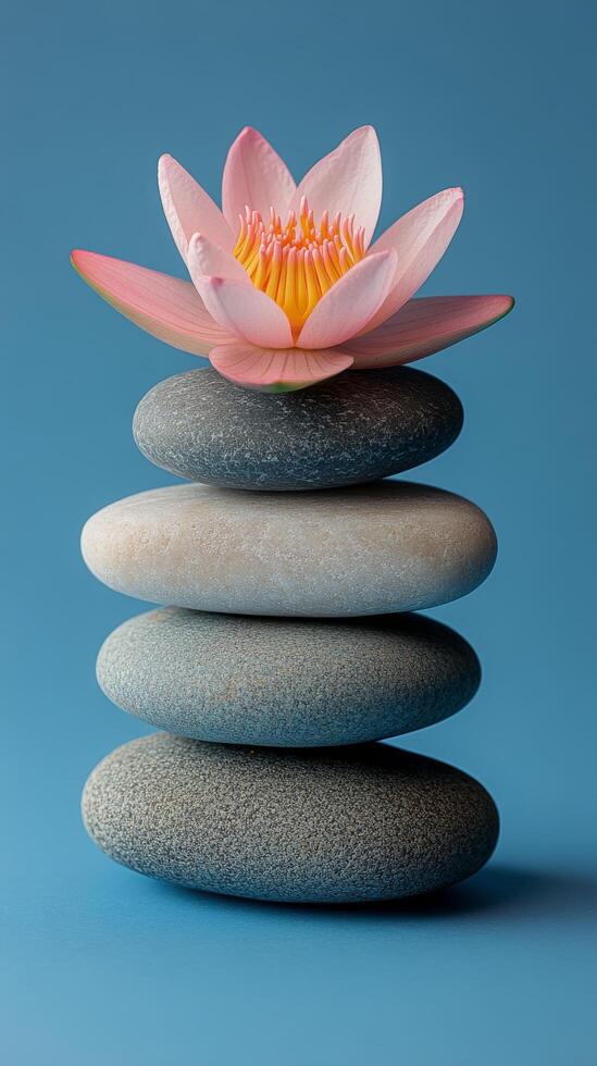 A serene arrangement of stones topped with a pink lotus flower on a calm blue background photo