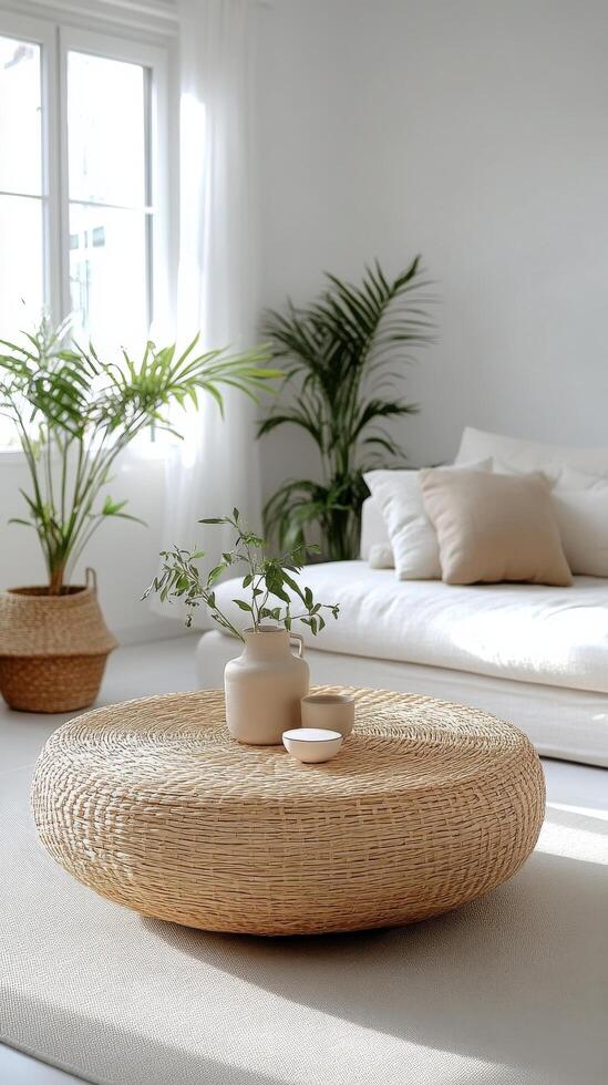 A cozy living room with natural decor featuring a round woven coffee table and indoor plants photo