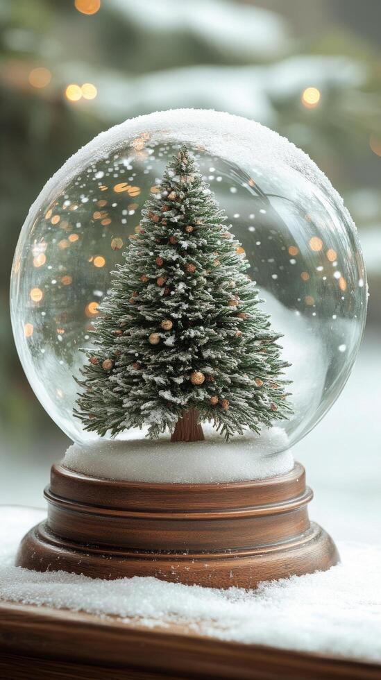 A snow globe featuring a miniature tree surrounded by winter decorations on a festive table photo
