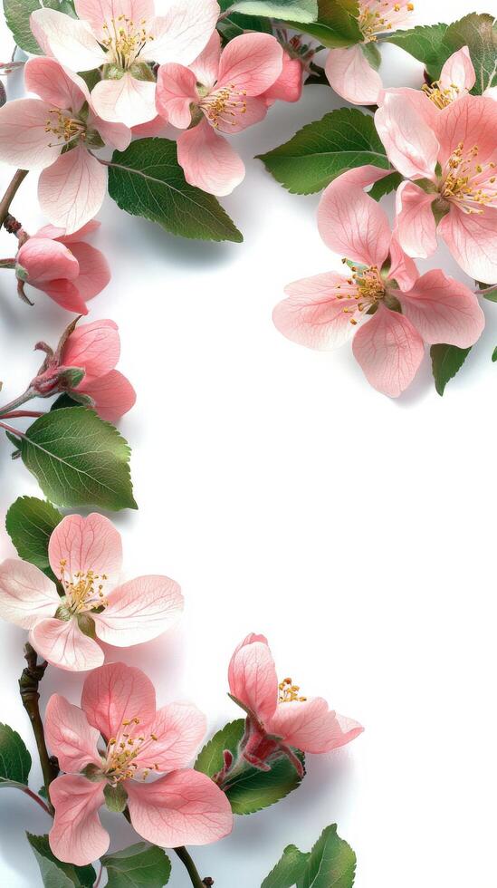 Delicate pink blossoms frame a blank space for text on a bright spring day photo