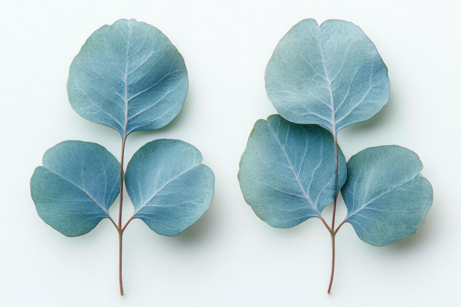 Fresh eucalyptus leaves arranged on a plain background, highlighting their unique shapes and colors photo