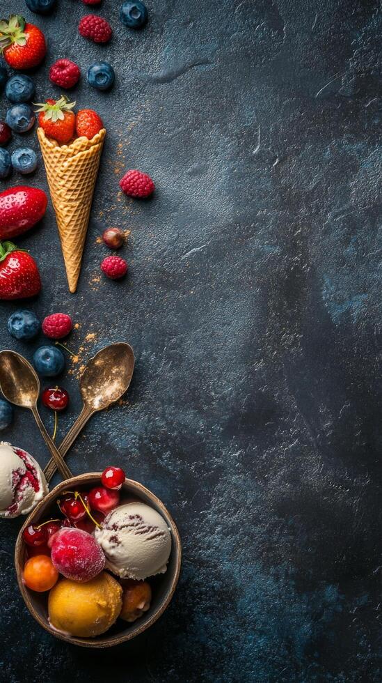 Fresh berries overflowing from a waffle cone on a dark textured surface with mint leaves photo