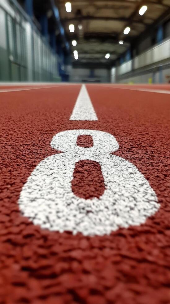 The number eight marked on a vibrant athletic running track during a sunny day at a sports facility photo