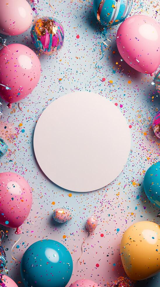 Balloons and confetti frame a blank space for a celebration invitation or greeting card photo