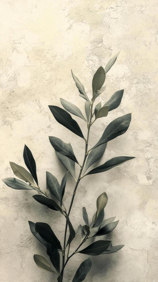 Elegant green leaves against a textured beige wall in a soft natural light setting photo