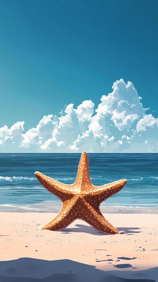 A large starfish rests on the sandy beach with vibrant blue ocean and fluffy white clouds photo