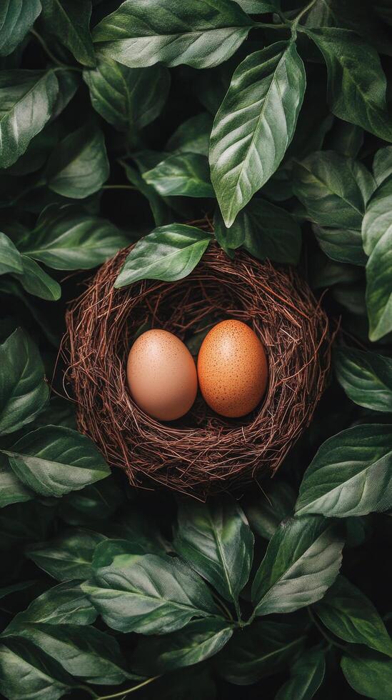 A nest containing three white eggs surrounded by vibrant green leaves in natural setting photo
