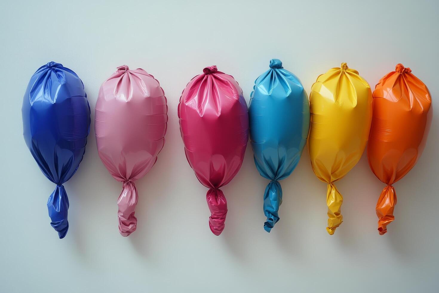 Colorful balloons resting against a white wall on a bright sunny day in an urban area photo