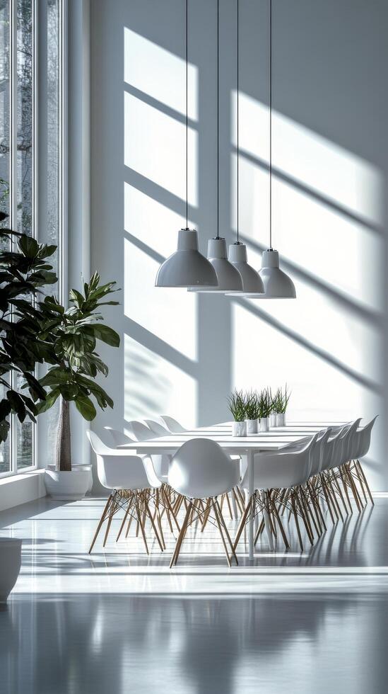 Modern dining area with large windows and stylish lighting featuring a minimalist design photo
