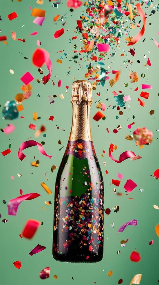 Celebration with bubbling champagne and colorful confetti on a green backdrop in a festive setting photo