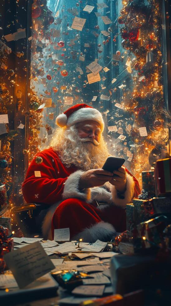 Santa Claus reading letters in his cozy workshop filled with Christmas decorations and gifts photo