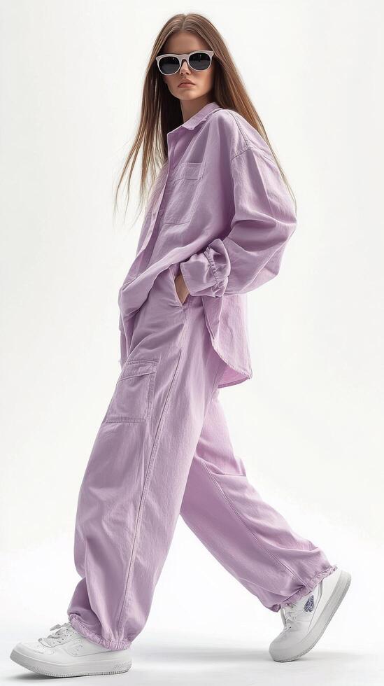 Young woman poses confidently in stylish lavender outfit against a plain backdrop photo