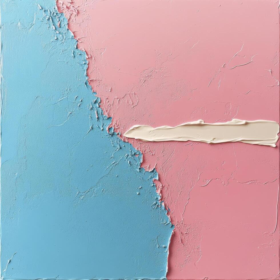 Abstract artwork featuring textured blue and pink sections with a white horizontal stripe photo