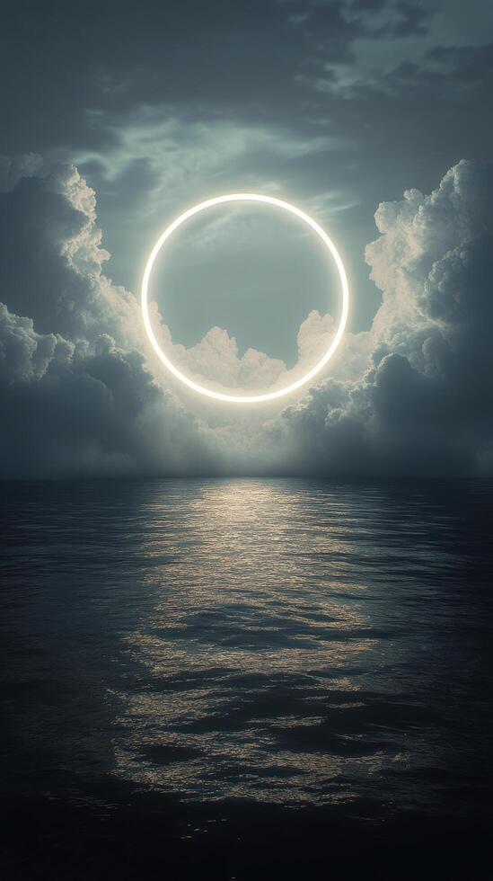A bright circular light glowing through dramatic clouds over a calm ocean at dusk photo