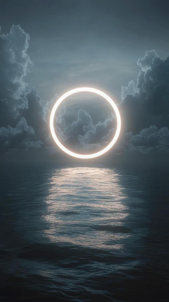 A bright circular light glowing through dramatic clouds over a calm ocean at dusk photo