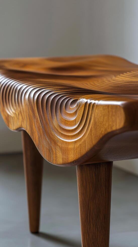 Unique wooden table with intricate wave design and elegant legs in a modern interior setting photo
