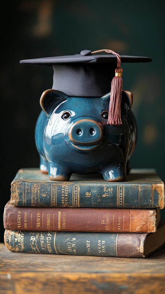 A blue piggy bank wearing a graduation cap sits atop old books in a study setting photo