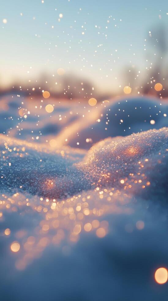 Soft snow blankets the ground amidst twinkling lights at twilight in a serene winter setting photo