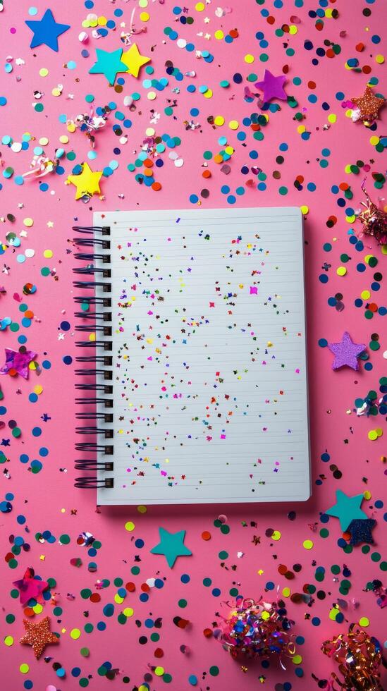 Colorful confetti and decorations surrounding a blank spiral notebook on a pink background photo