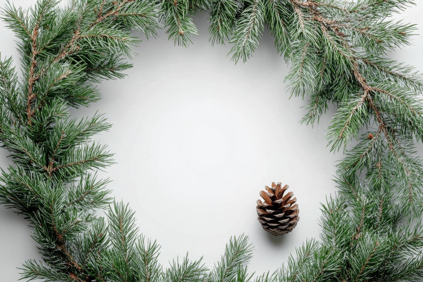 Green pine wreath with a single pine cone on a neutral background during the winter season photo