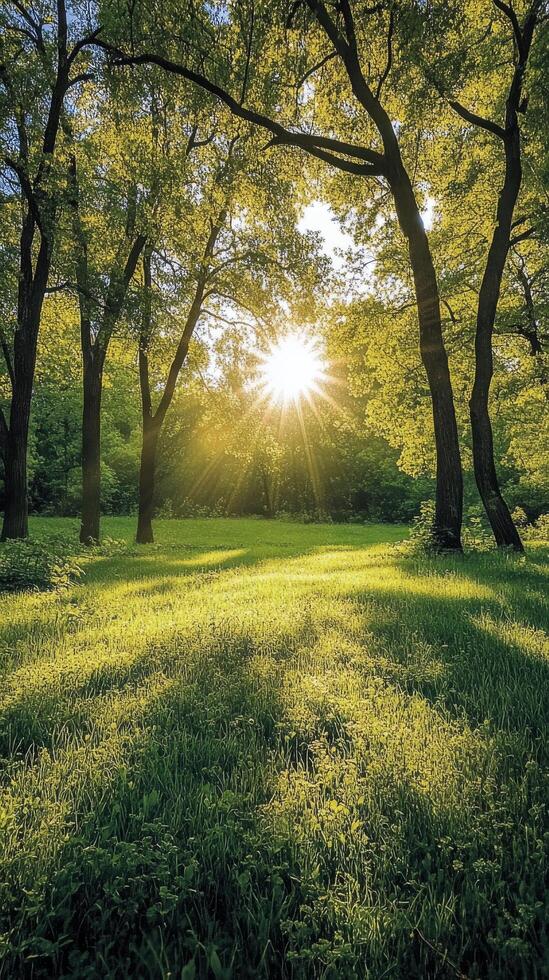 Sunlight streaming through trees in a lush green park during late afternoon photo