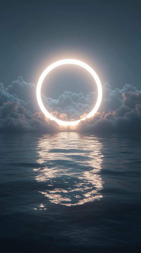 A bright circular light glowing through dramatic clouds over a calm ocean at dusk photo