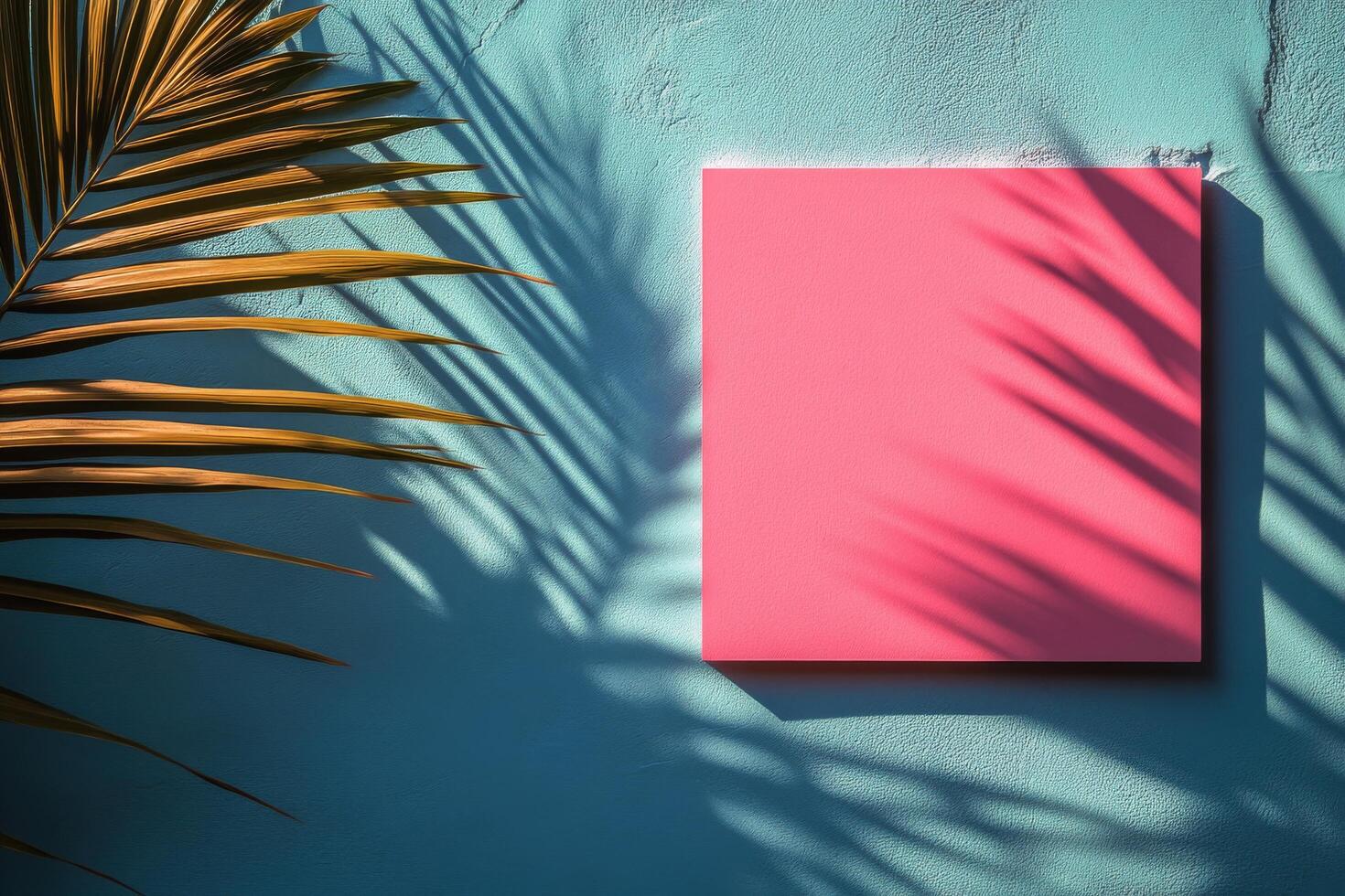 Colorful square canvas against a bright blue wall with palm shadows in a sunny environment photo