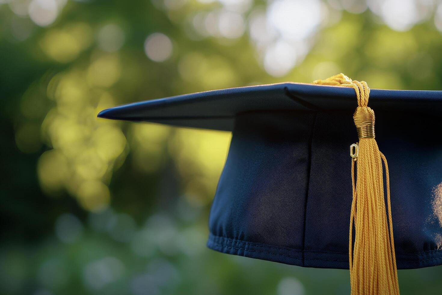 Black graduation cap with yellow tassel displayed indoors highlighting academic achievement photo