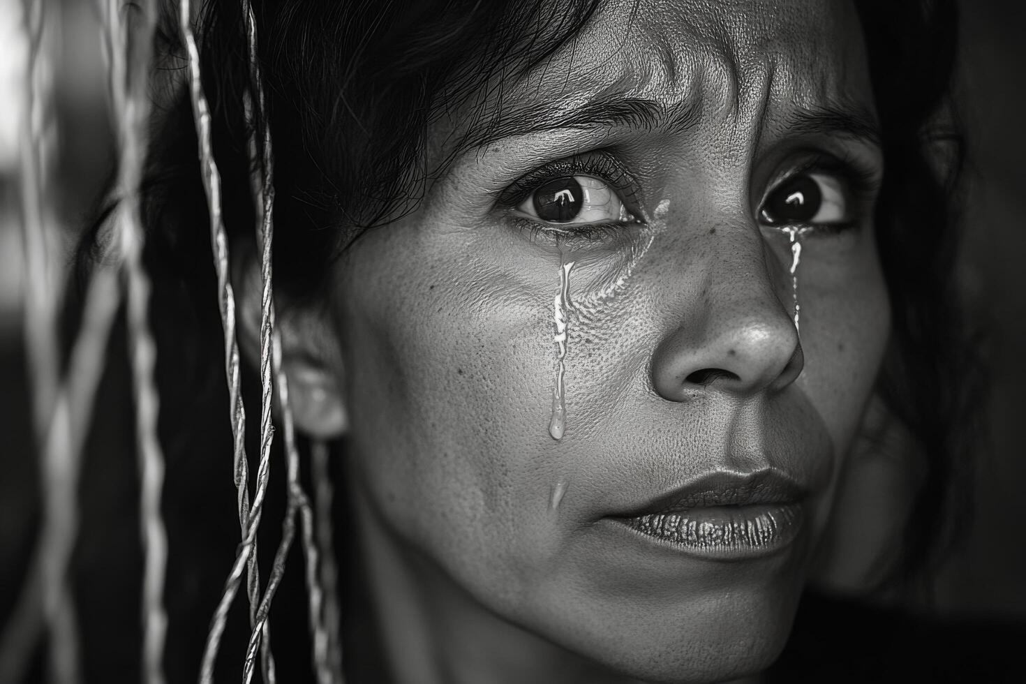 A close up of a distressed woman with tears streaming down her face amid a somber backdrop photo