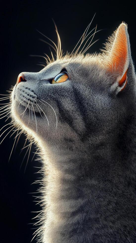 A majestic cat gazes upward in a dramatic play of light and shadows during twilight hours photo