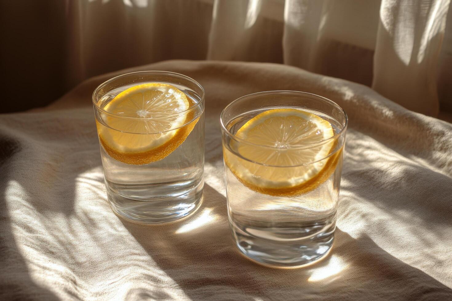 Refreshing lemonade served with lemon slices on a soft fabric surface in afternoon light photo