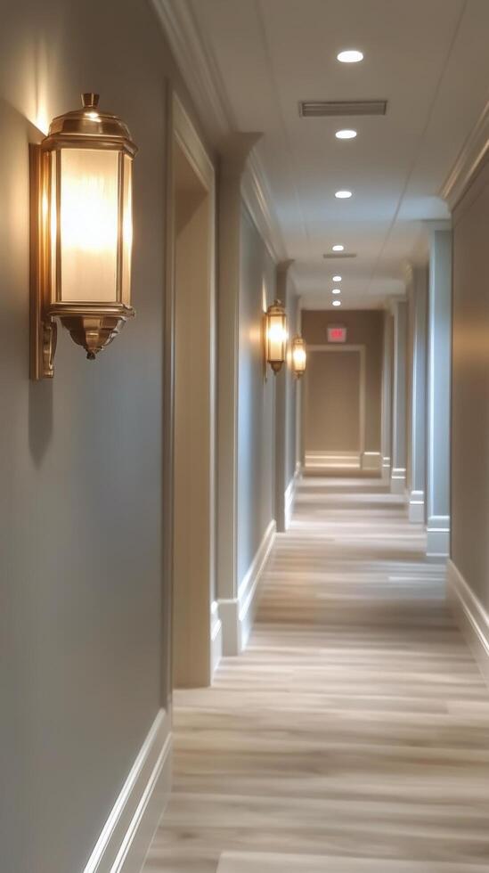 Bright and modern hallway with elegant lighting in a contemporary building during the day photo