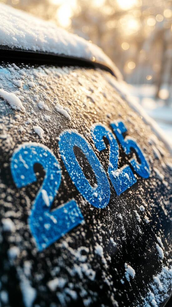 Snow covered vehicle displaying the year 2025 during a winter morning in a rural area photo