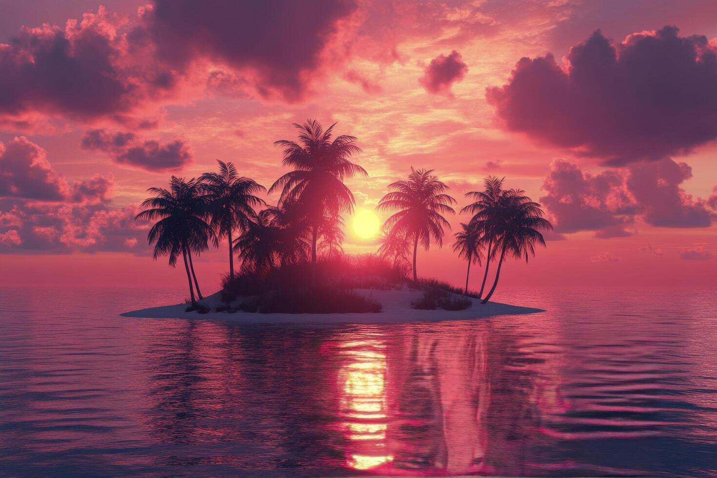 Colorful sunset over a small tropical island with palm trees reflecting on the water photo