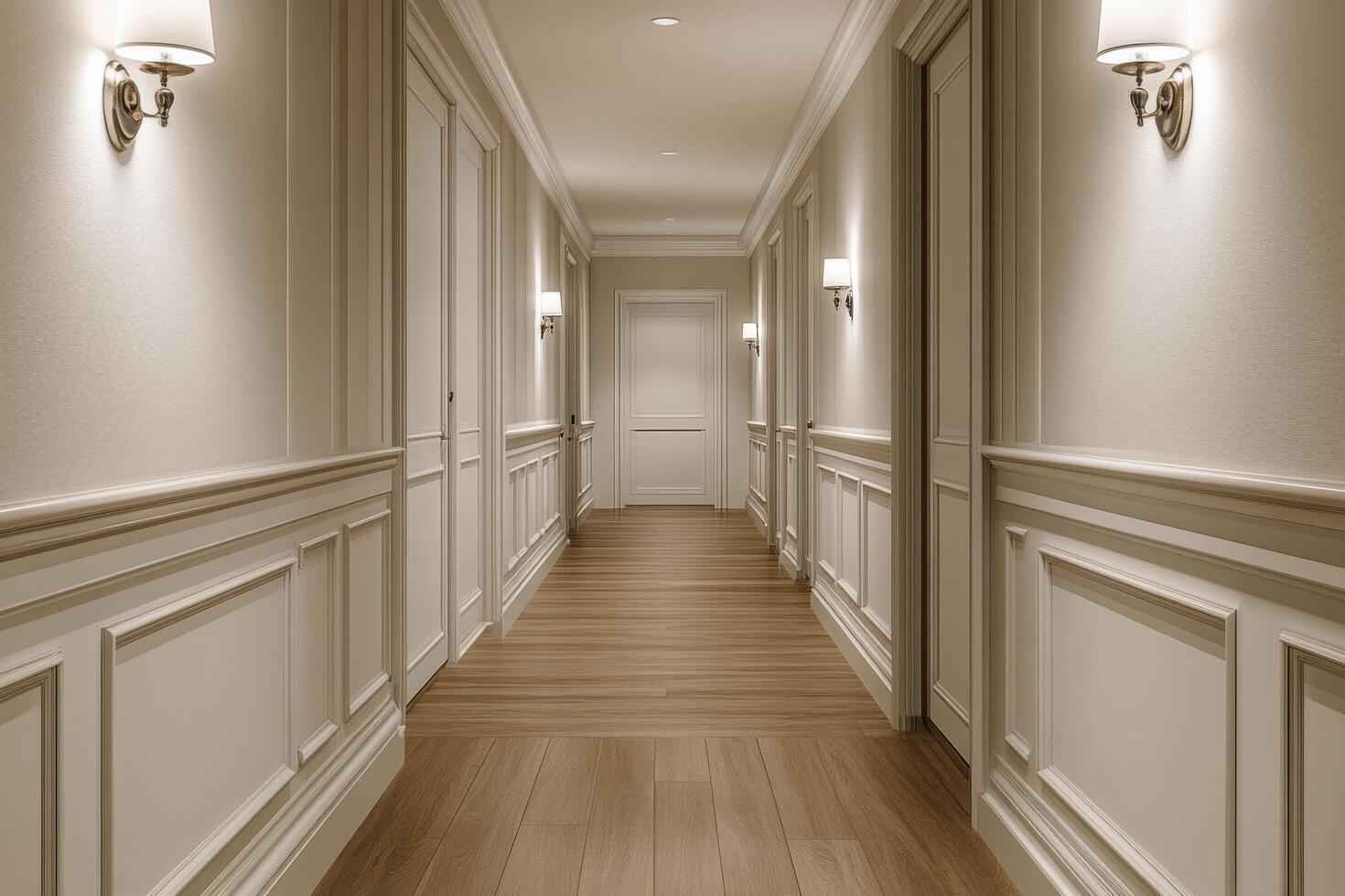 Elegant interior hallway with wooden flooring and stylish wall sconces in a modern building photo