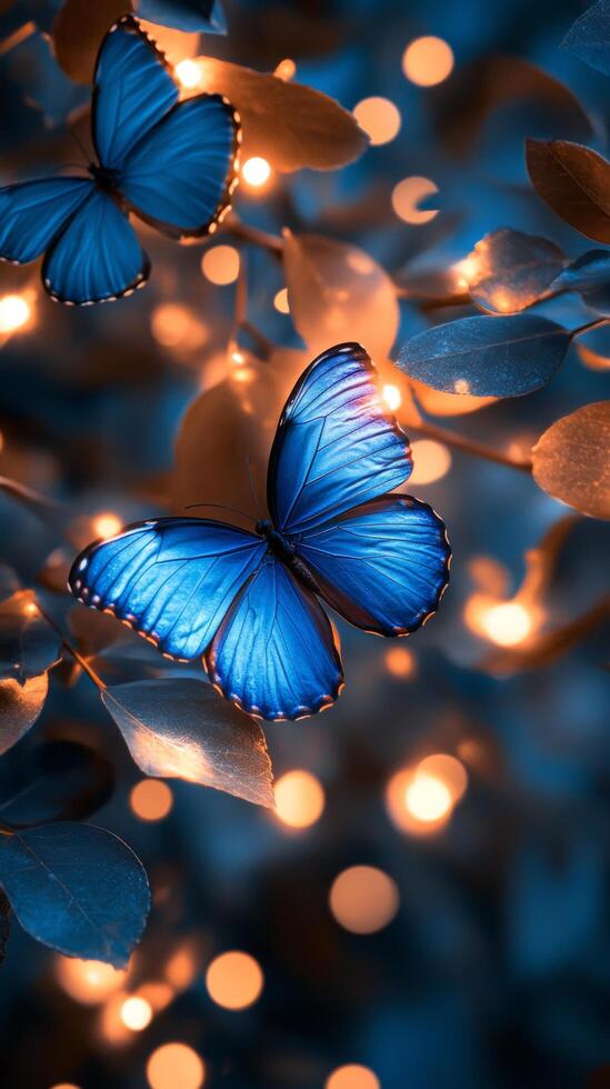 Blue butterflies flutter among glowing lights in a serene garden at twilight photo