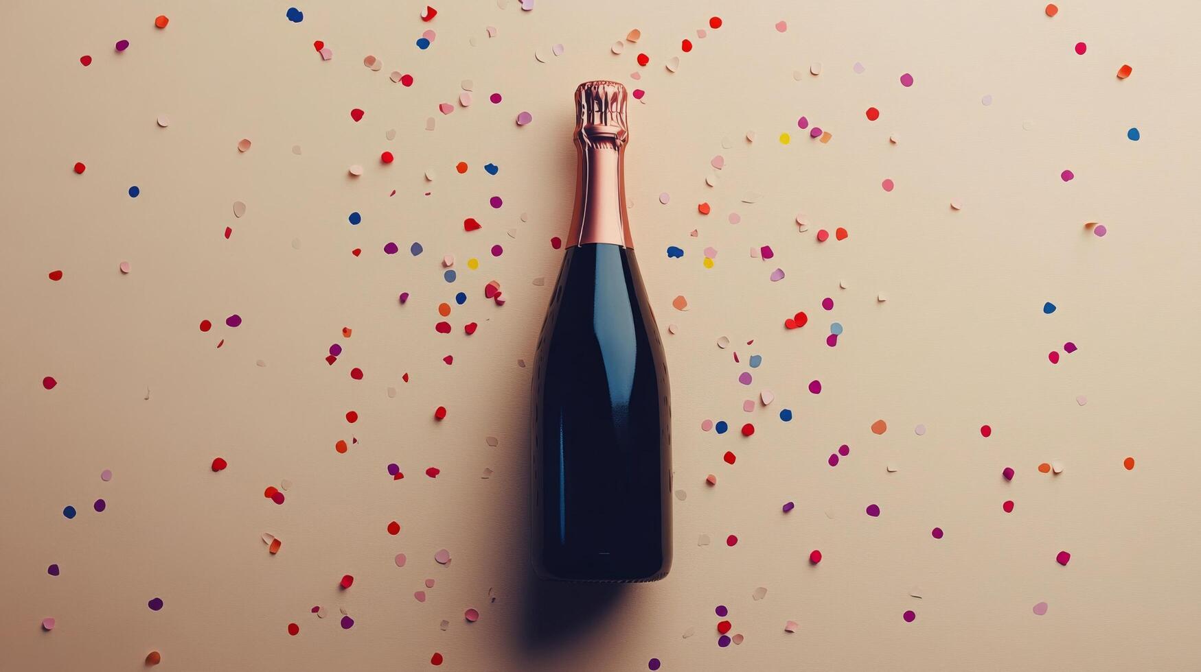Classic sparkling wine bottle surrounded by rose petals on a soft background photo