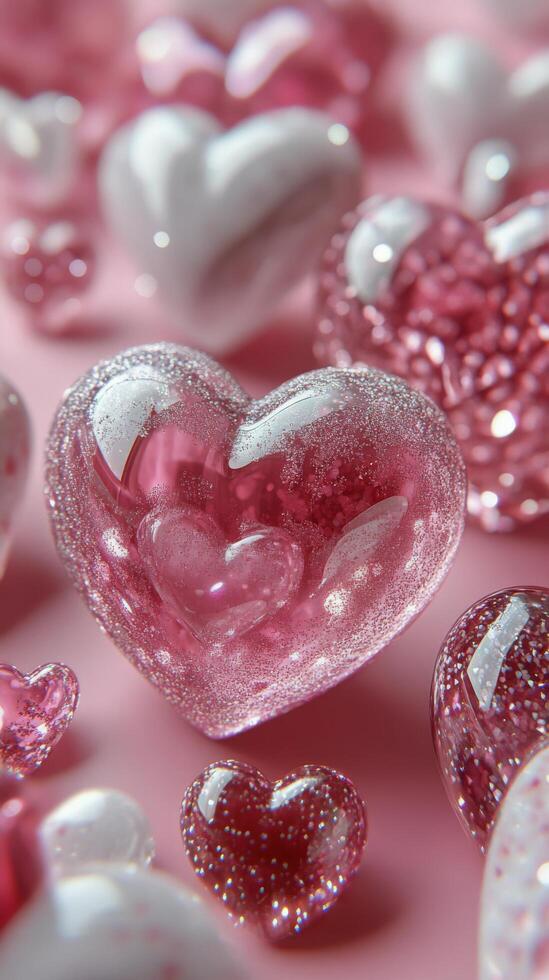 Colorful sparkling hearts arranged on a soft pink background for a festive celebration photo