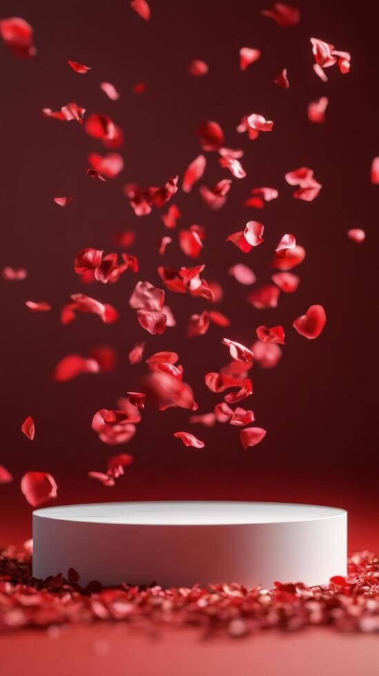 Floating rose petals cascade over a circular pedestal against a pink background photo
