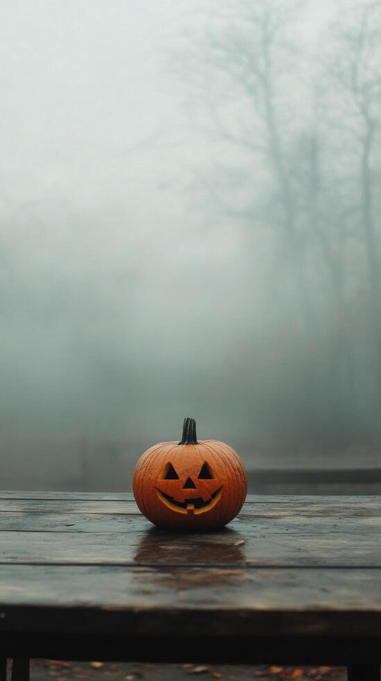 A carved pumpkin sits alone on a wooden surface in a foggy forest during autumn photo