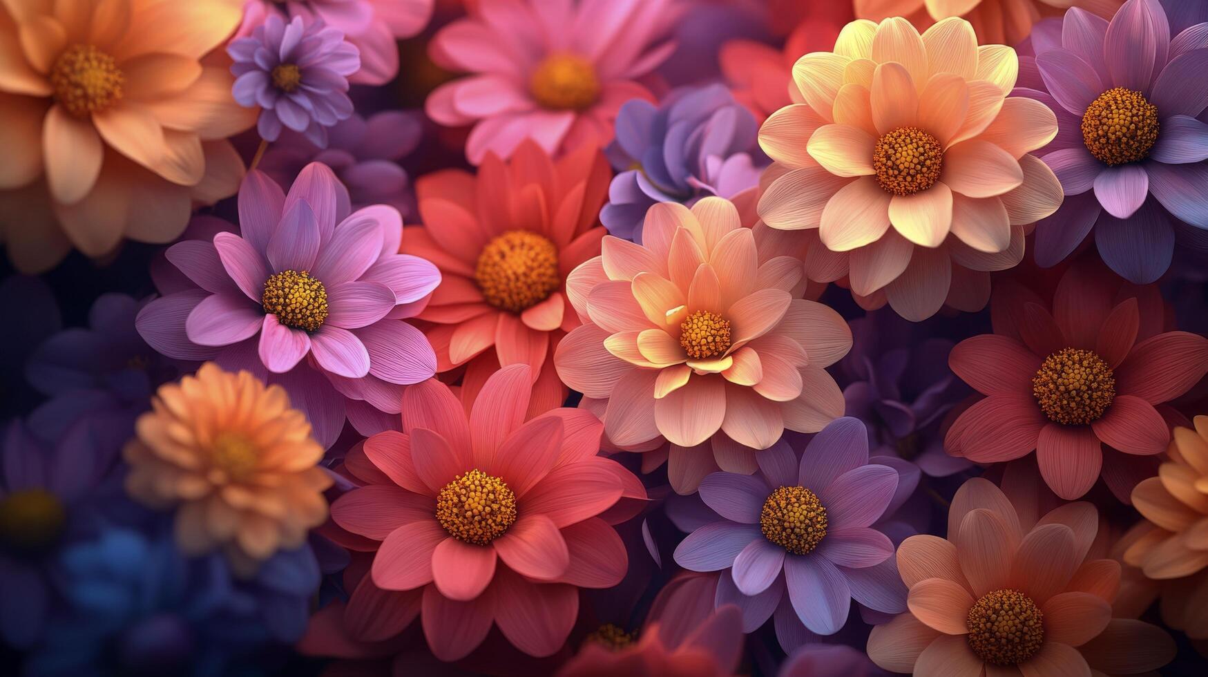 Colorful arrangement of various flowers in shades of purple, pink, and orange in springtime bloom photo