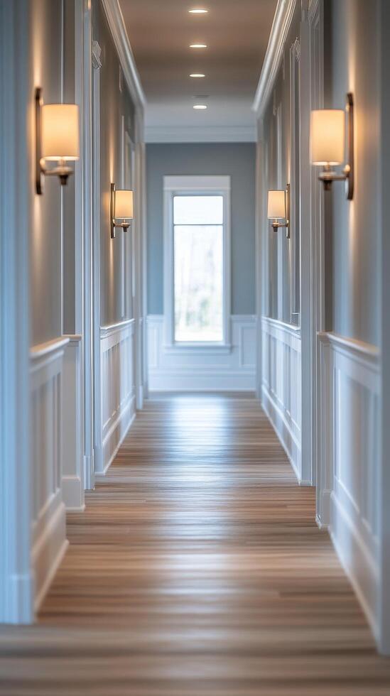Elegant corridor with stylish lighting and wooden flooring in a modern home photo