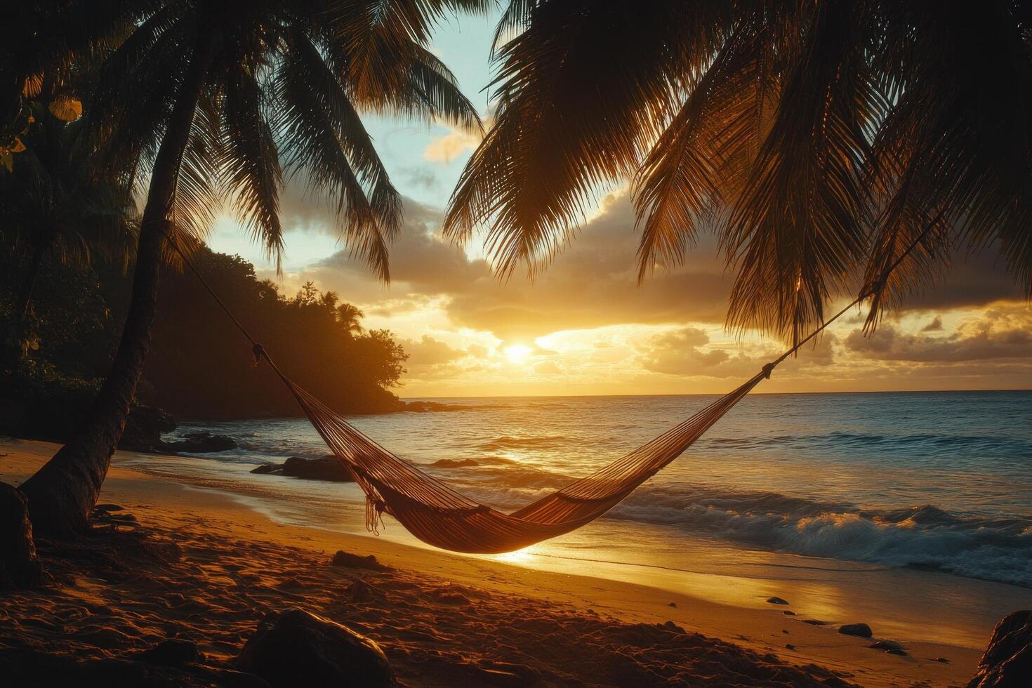 Tranquil hammock resting between palm trees on a serene beach during sunset photo