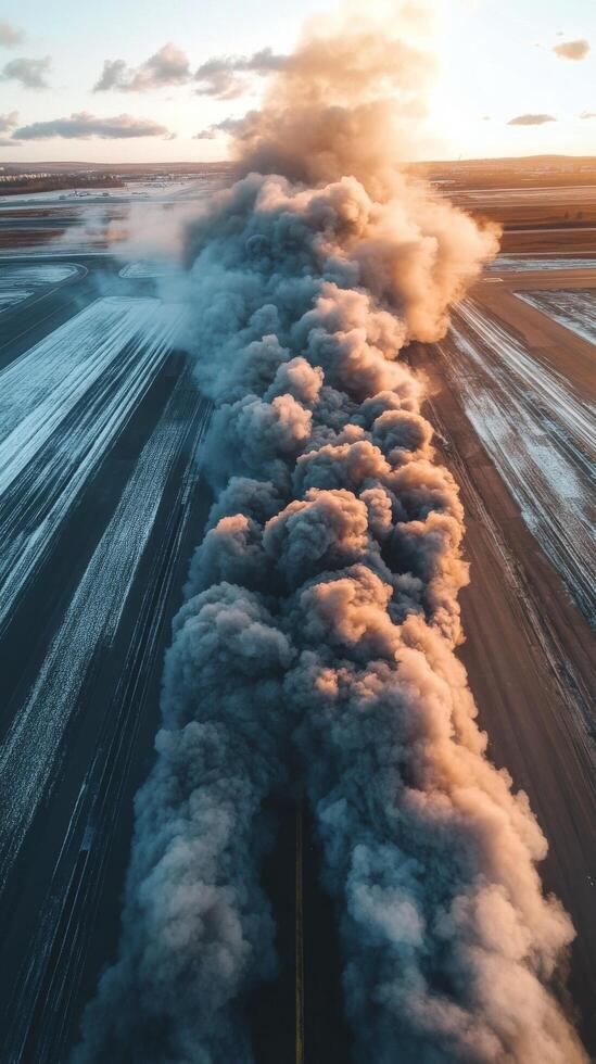 Dust clouds rise over an airport runway at sunset with planes parked nearby photo